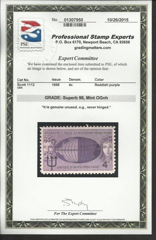 # 1112 MINT NEVER HINGED ATLANTIC CABLE CENTENNIAL     P....