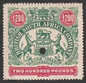 RHODESIA 1897 Arms Revenue £200 proof, perf 15. 1 sheet recorded. RARE!