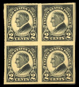 United States, 1910-30 #611, 1923 2c Harding, imperf. block of four, top stam...