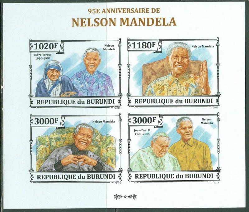 BURUNDI NELSON MANDELA 95TH BIRTH ANNIVERSARY SHEET OF 4 IMPERF