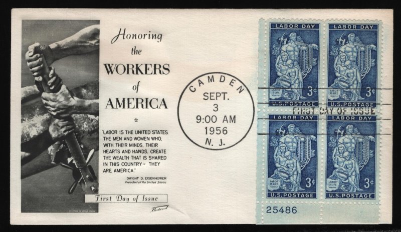 #1082 3c Labor Day-Plate Block, Fleetwood H/C FDC **ANY 5=FREE SHIPPING**