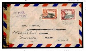 DOMINICA Air Mail Cover WARTIME 2s/7d Rate WW2 *VIA ANTIGUA*Cachet GB 1943 Y207a