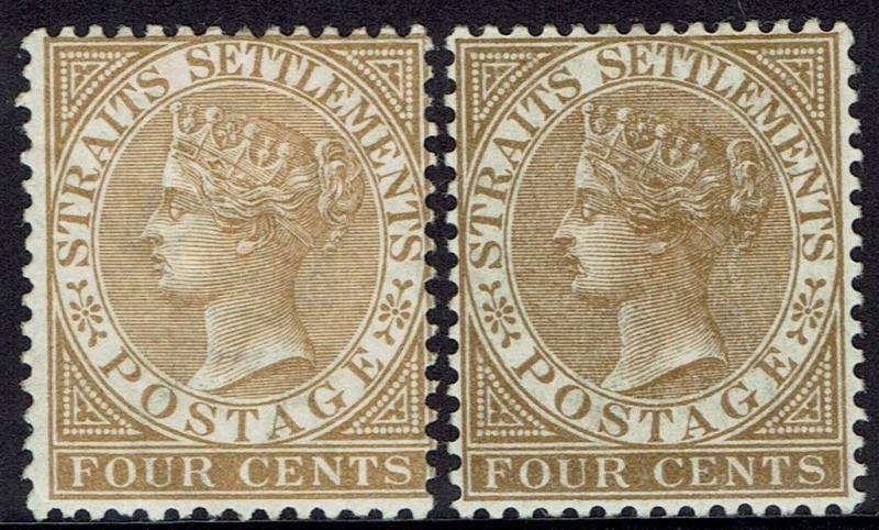 STRAITS SETTLEMENTS 1883 QV 4C BOTH SHADES WMK CROWN CA