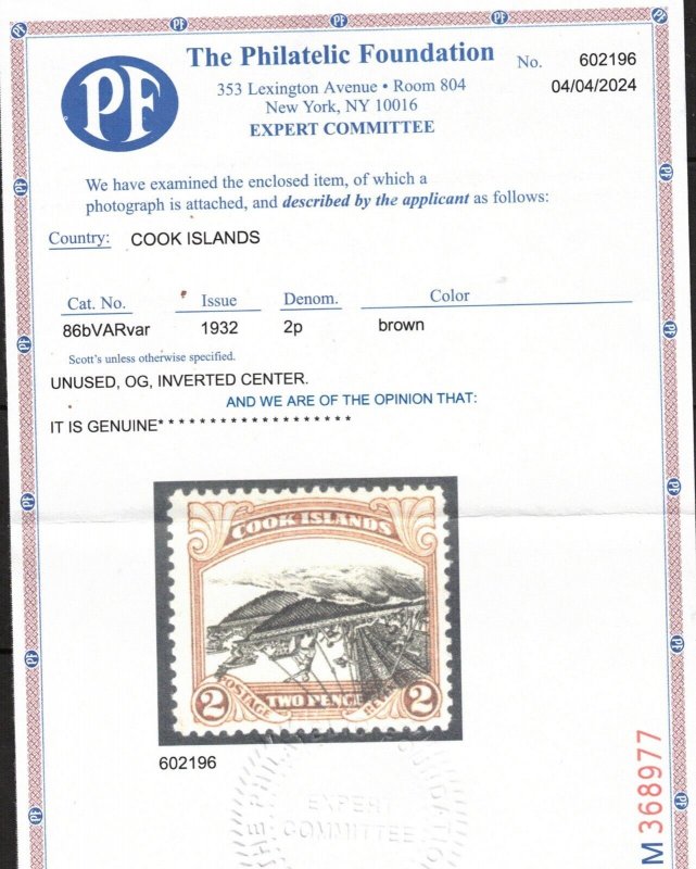Cook Islands #86b (SG #101) Very Fine Mint Inverted Center Variety *With Cert.*
