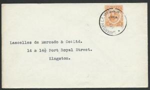 JAMAICA 1919 local cover 1½d War Tax : Savannah La Mar cds.................59448