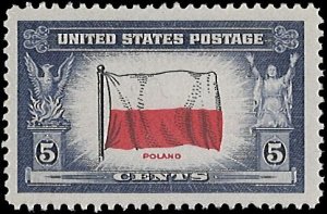 U.S. Scott # 909  1943 5c sl vio, scar & blk  Poland  mint-nh- vf