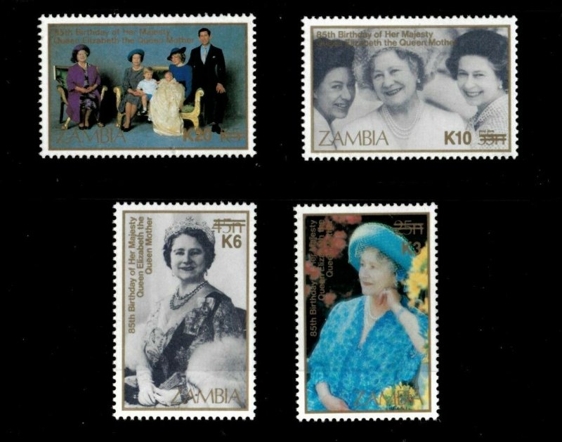 Zambia 1987 - Queen Mother Elizabeth 85th Birthday Surcharged - Set of 4v - MNH