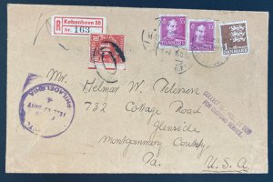 1946 Copenhagen Denmark Registered Cover To Glenside Pa Usa Postage Due