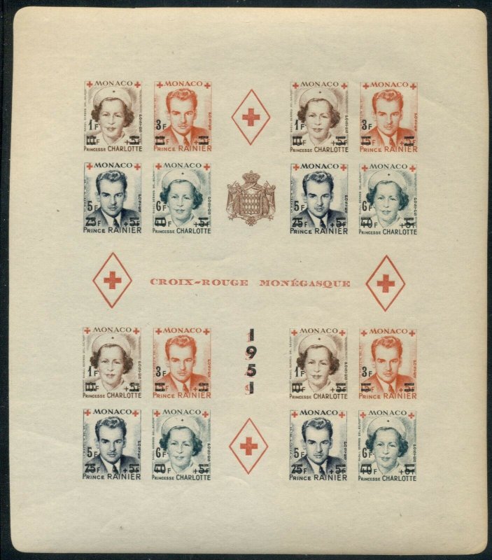 MONACO; 1951 MNH Red Cross Block - Sc 291b in Complete Sheetlet of 4 - Imperf