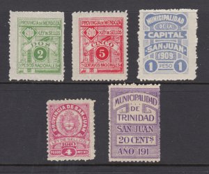 Argentina, 1909-1911 Mendoza, San Juan, Trinidad Fiscals, 5 different, sound