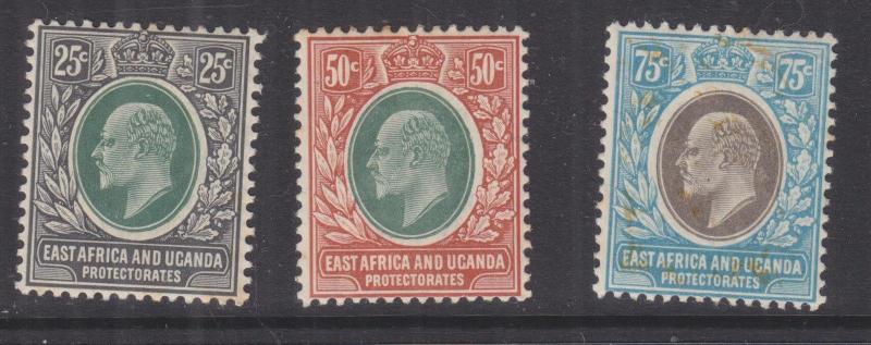 BRITISH EAST AFRICA, 1907 KEVII,  25c., 50c. & 75c., lhm.