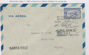 O) 1955 URUGUAY. PLUNA -FIRST FLIGHT POSTCARD 1955 BOLIVIA-BEAUTIFUL CANCELLATIO