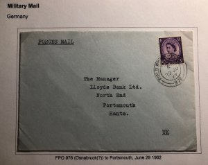 1962 British Field PO 976 Germany Cover To Lloyds Bank Portsmouth