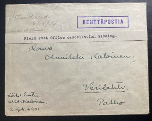 1944 Finland Kenttapost Censored Cover Missing Cancelation