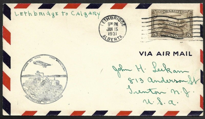 Doyle's_Stamps: Canadian Postal History: Lethbridge-Calgary 1st Flight Cover