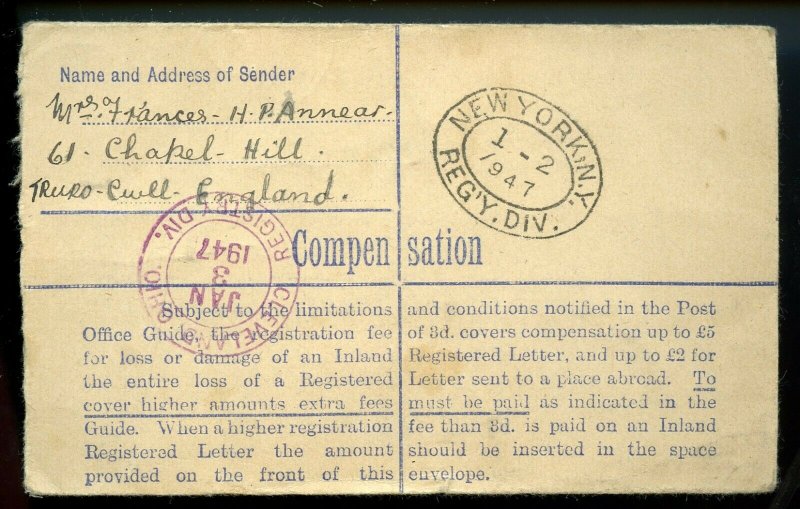 Great Britain George VI 1946 Registered Letter To U.S.