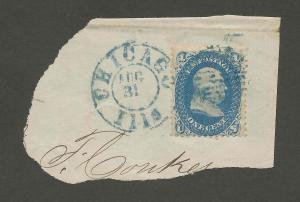 Scott 63 Franklin (1c blue)on paper w Chicago Ill Date Stamp