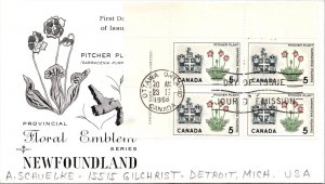 Canada 19 FDC Floral Emblem Series NFLD - Ottawa, Ont - Block Of 4 - F76557