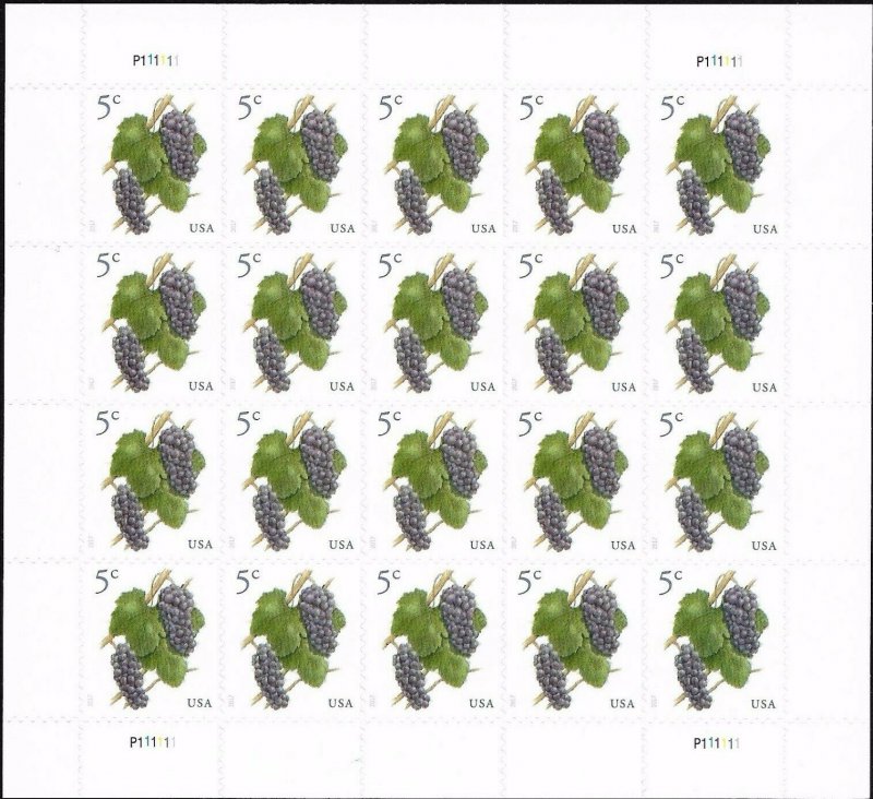 Grapes Stamp Sheet of Twenty 5 Cent Postage Stamps Scott 5177 