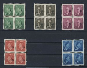 20x Canada Mint G Overprint stamps 5x Blocks #O16 to O20 2x MNH 2x MH GV=$50.00