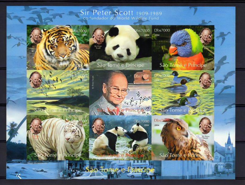 St.Thomas 2004  Peter Scott WWF founder-Pandas-Birds(9) Sheetlet IMPERFORATED