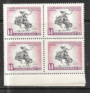 Uruguay #614  Horse Breaking  blocks of 4  of 4 ( MNH) CV $1.20