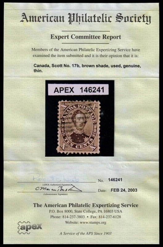 Canada - Scott 17b - Used - Poor Centering - Thin - APS Certificate