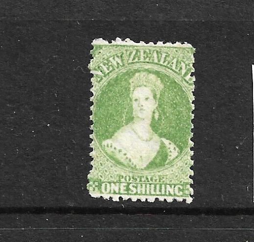 NEW ZEALAND 1864-71 1/-  YELLOW GREEN  FFQ  MNG  P12 1/2  CP A6M4  SG 125 CHALON