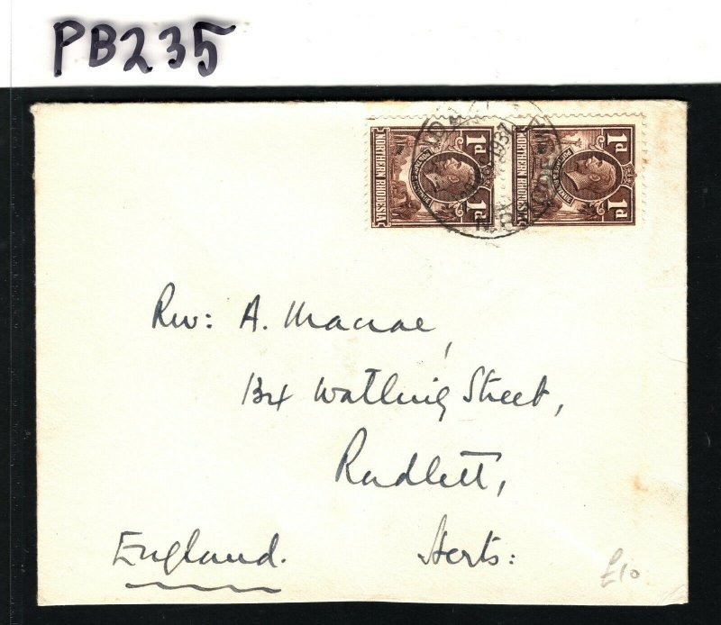 NORTHERN RHODESIA KGV Cover Fort Jameson GB Herts 1938{samwells-covers}PB235