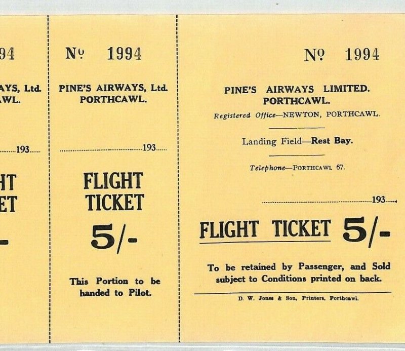 GB WALES *Pines Airways* Flight Ticket 1930s Porthcawl Glam {samwells-covers}BS5