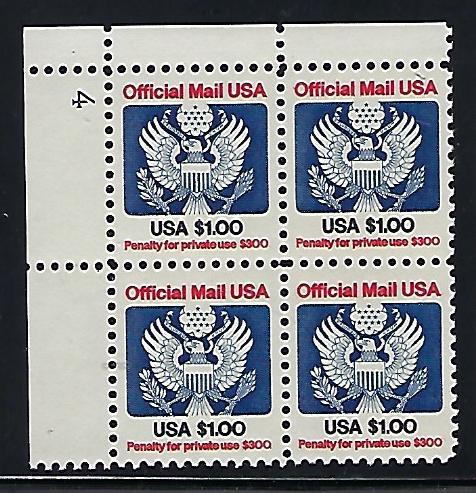 Catalog #O132 Plate Block of 4 Official Mail Eagle $1.00