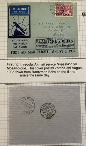 1935 Zomba Nyasaland First Flight Airmail Cover FFC To Beira Mozambique