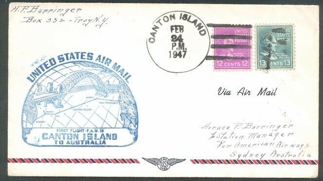 GILBERT & ELLICE IS US PO 1947 first flight cover Canton Is to Australia...91670