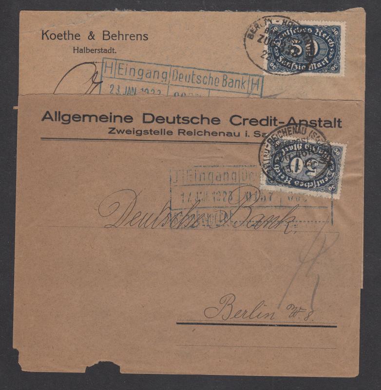 Germany Sc 198 used on 1923 BAHNPOST covers, 2 different, additional markings