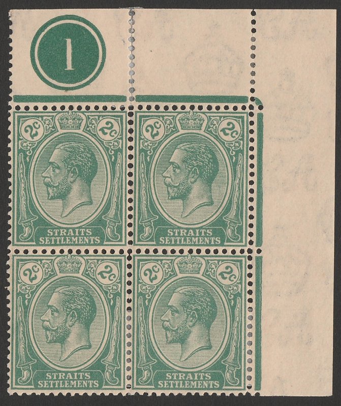 STRAITS SETTLEMENTS 1921 KGV 2c green, block with plate no 1, wmk script. 