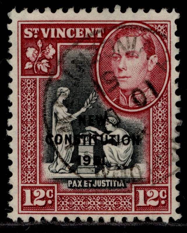 ST. VINCENT GVI SG187, 12c black & lake, FINE USED.