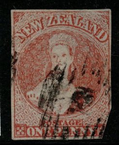 NEW ZEALAND SG4 1855 1d RED MISSING LOWER RIGHT CORNER USED