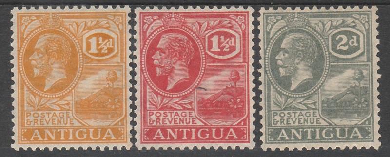 ANTIGUA 1921 KGV BADGE 11/2D RED 1/12D ORANGE AND 2DWMK MULTI SCRIPT CA