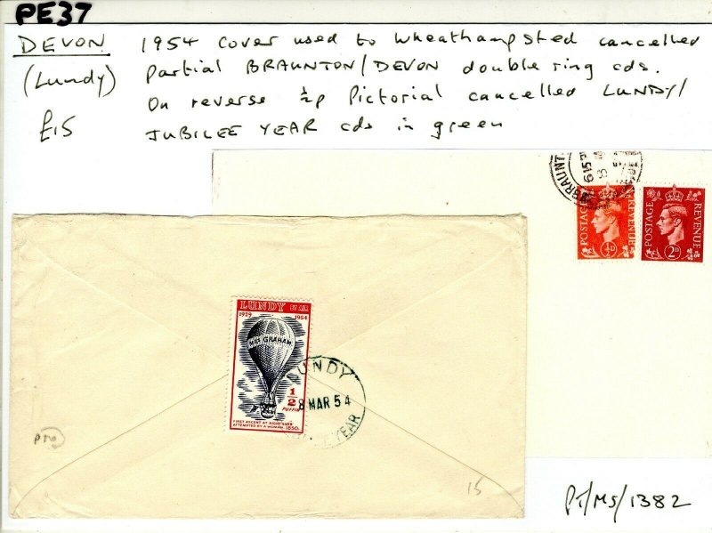 GB Devon Cover LUNDY ½ Puffin Pictorial Stamp Wheathampstead 1954{samwells}PE37 