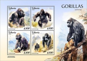 LIBERIA- 2023 - Gorillas - Perf 4v Sheet - Mint Never Hinged