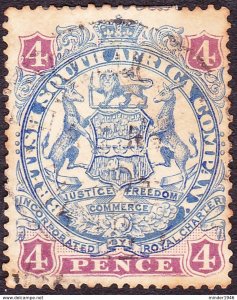 RHODESIA - BRITISH SOUTH AFRICA CO 1896 QV 4d Blue & Mauve SG32b Used