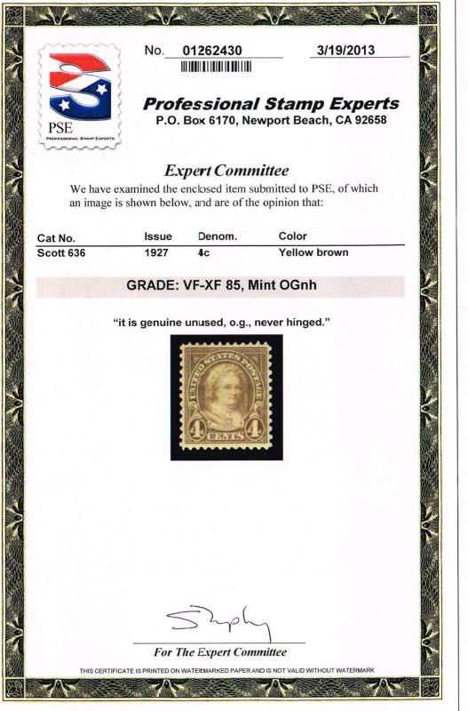 STUNNING GENUINE SCOTT #636 MINT OG NH PSE GRADED CERT - PRICED RIGHT