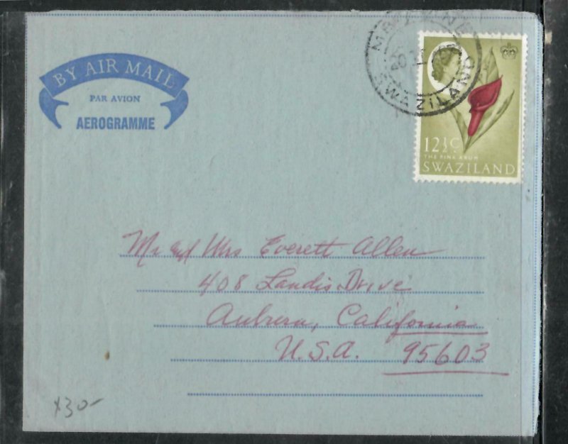 SWAZILAND COVER  (P2205B)  1967 QEII 12 1/2C FLOWER ON AEROGRAM MBABANE TO USA