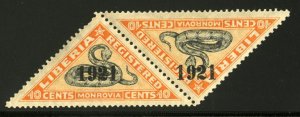 Liberia #F28 Cat$75+ (for hinged), 1921 10c Monrovia, se-tenant pair, never h...