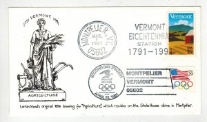1991 VERMONT BICENTENNIAL 2533 Whit's Covers Variety DUAL MONTPELIER CANCELS