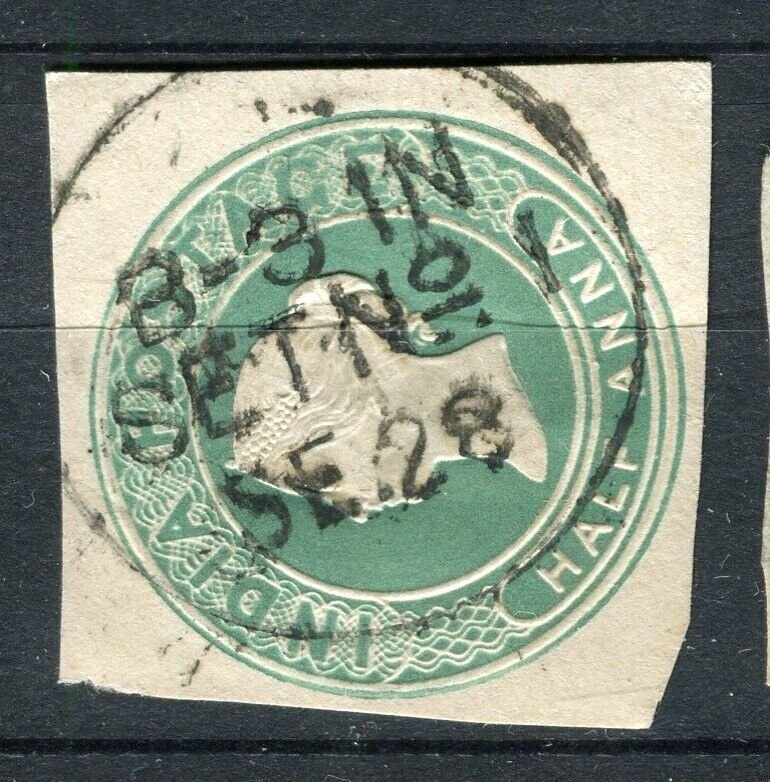 INDIA; 1890s 1/2a. classic QV Postal Stationary fine used PIECE, B-3 1N