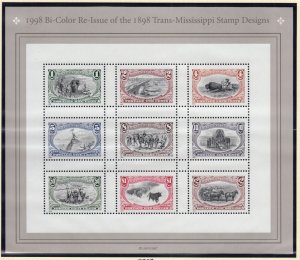 1998 TRANS-MISSISSIPPI bi-color re-issue Sc 3209 1c to $2 MNH mint sheet of 9