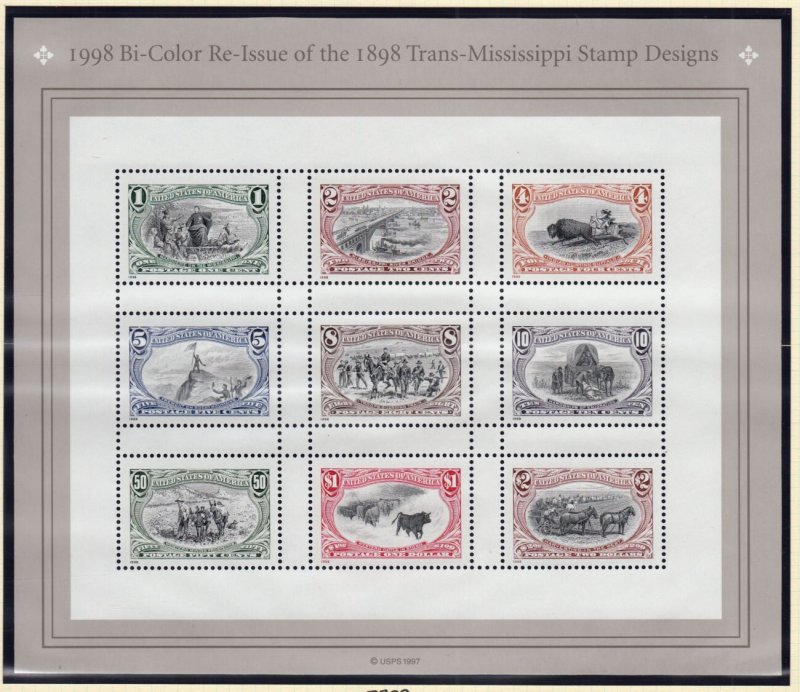 1998 TRANS-MISSISSIPPI bi-color re-issue Sc 3209 1c to $2 MNH mint sheet of 9