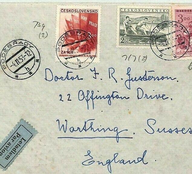 CANOEING Cover 1953 Poderbrady Czechoslovakia Air Mail PEACE FLAG {samwells}BU68