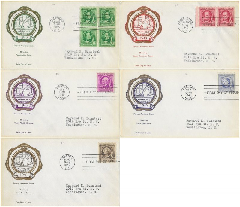 1940 FDC, #859-863, 1c-10c Famous American Authors, Rice (5)